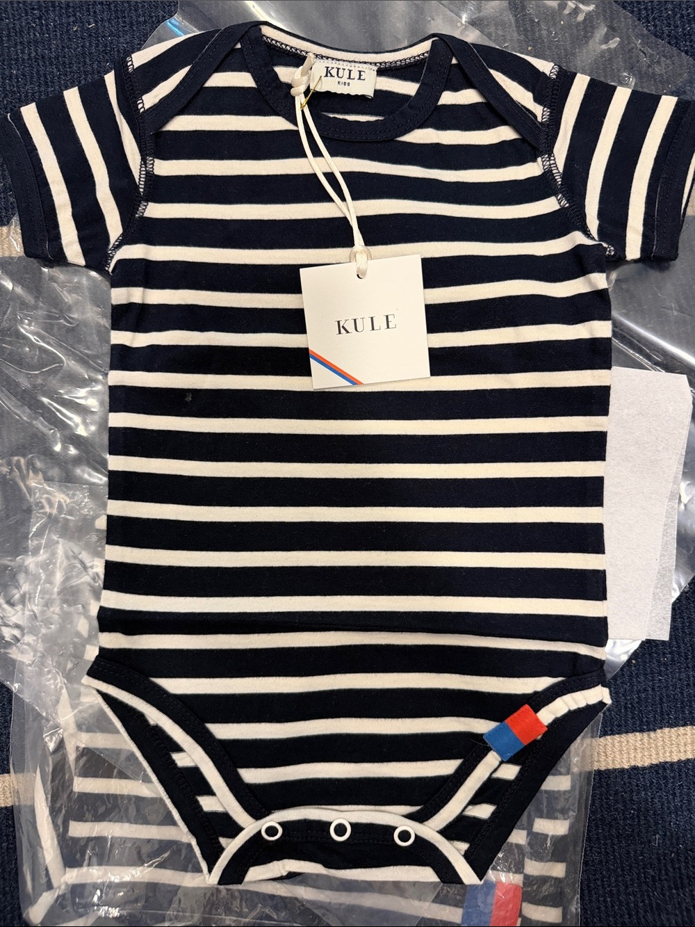 NWT KULE Navy and Cream Striped Baby Onesie - SIZE 12-18 months